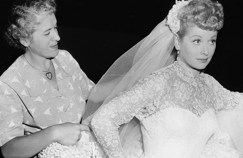 I Love Lucy star Lucille Ball broke yet another wedding day tradition by wearing black wool instead of the customary white-on-white attire.